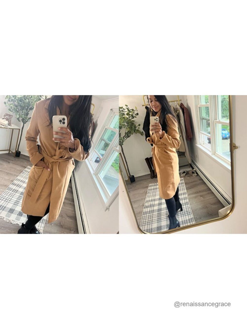 Womens Pea Coat Open Front Tie Belt Long Sleeve Wool Blend Outerwear - Picture 6 of 6